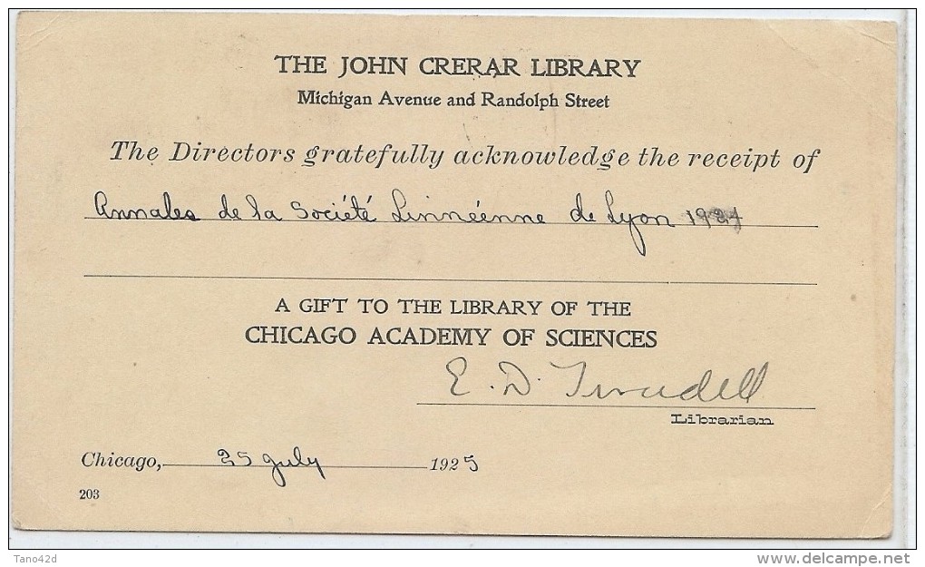 LDR6B-ETATS UNIS EP CP REPIQUAGE THE JOHN CRERAR LIBRARY CIRCULEE 27/7/1925 - 1921-40