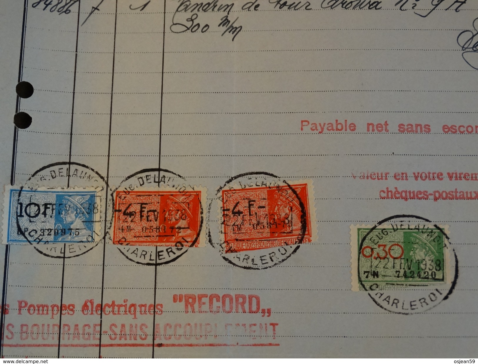 Timbres Fiscaux Sur Facture . Eugène Delaunoit à Charleroi.-1938- - Documents