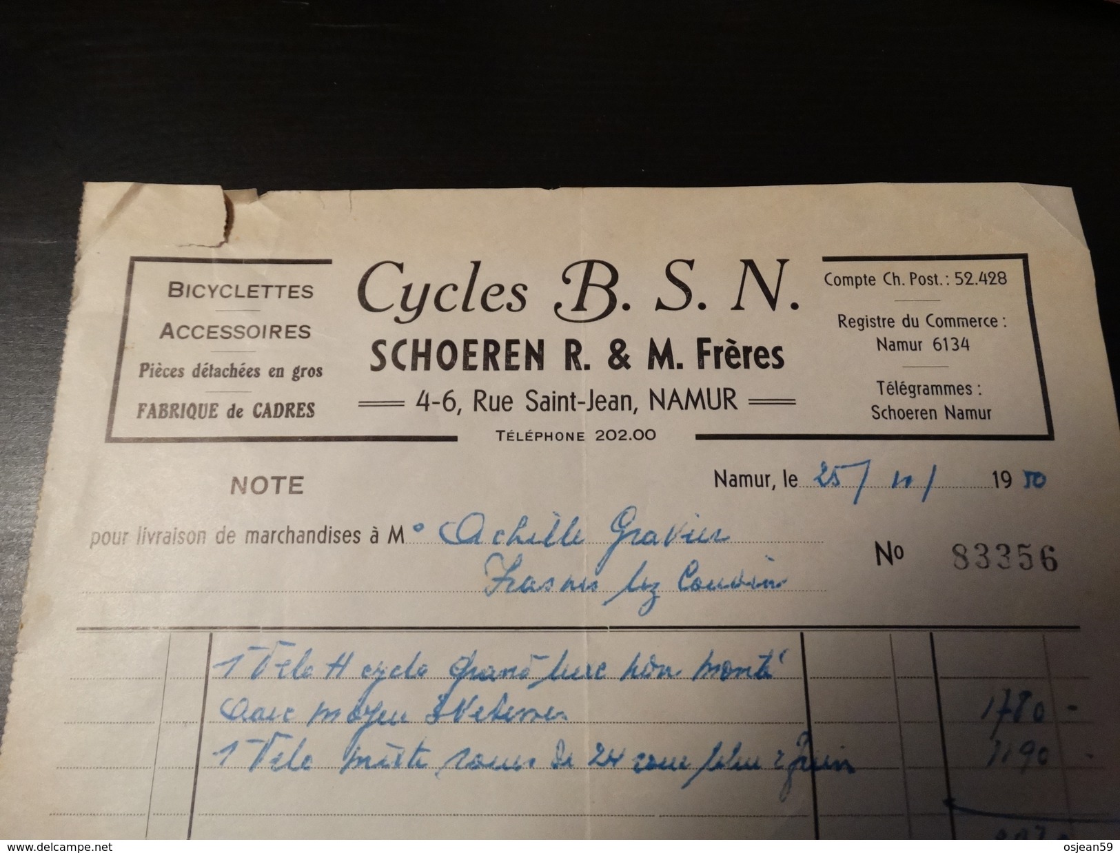 Facture :CYCLES B.S.N (Shoeren R. Et M. Frères ) à Namur.-1950- - Sports & Tourisme