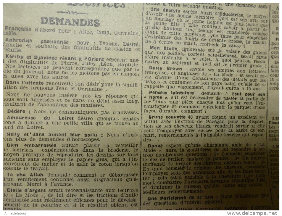 1916  LA MODE  avec son dessin de broderie décalquable au fer chaud  (chemise brodée); Cuisine de guerre etc