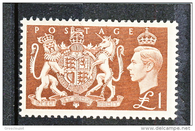 UK Giorgio VI 1951 N. 259 - 1 Sterlina Stemma Regno Unito MNH GO Catalogo € 70 - Ohne Zuordnung