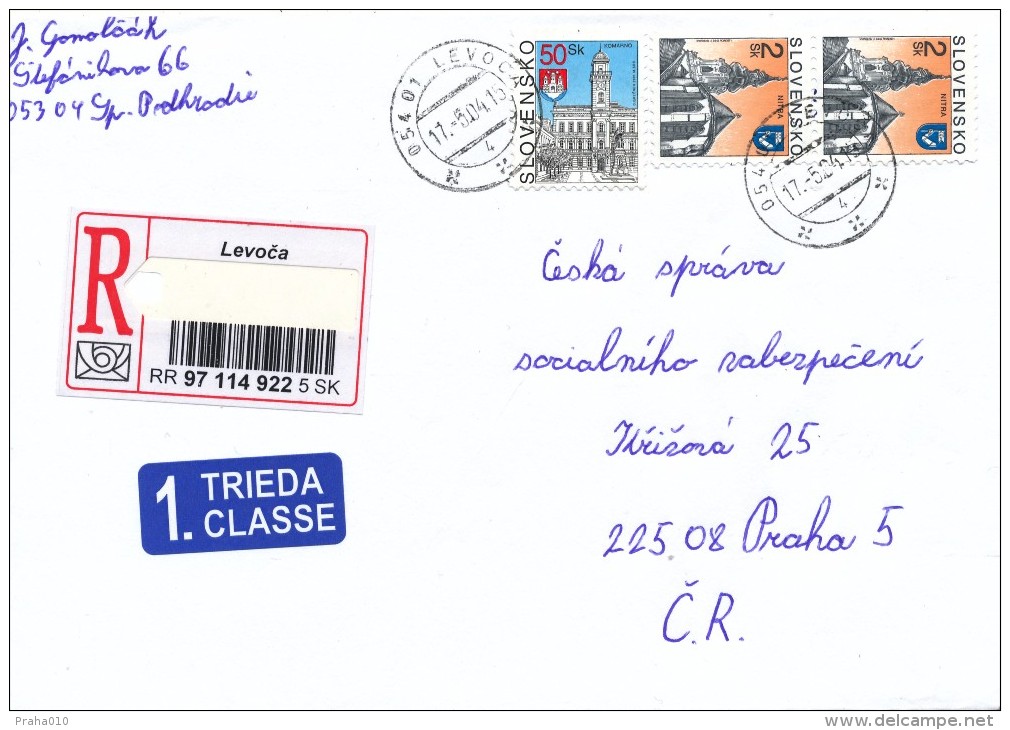L1229 - Slovakia (2004) 054 01 Levoca (R-letter) Tariff: 54,00 SKK (stamp: City Komarno, City Nitra) - Briefe U. Dokumente