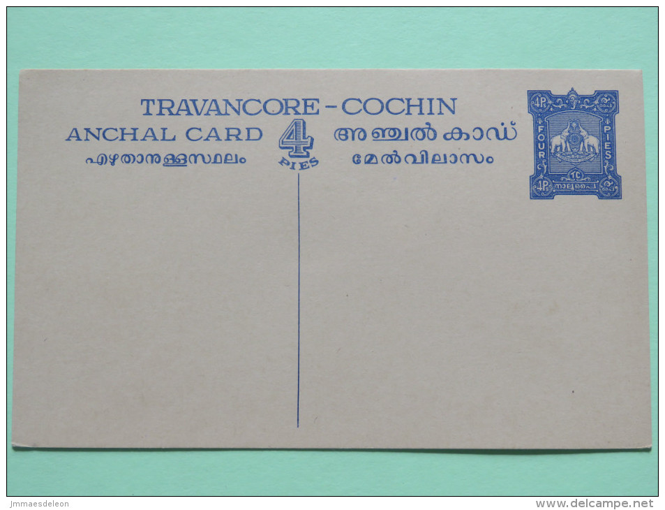 Travancore-Cochin India 1946 Stationery Postcard Unused - Elephant - Travancore-Cochin