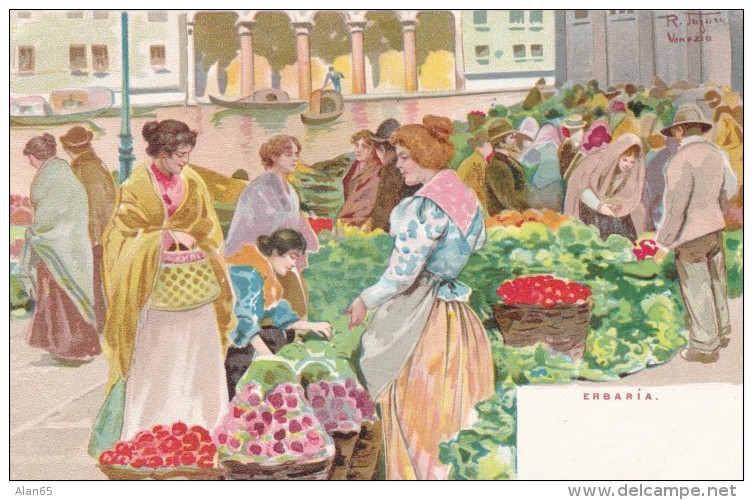 Erbaria Street Vendor Market Fresh Produce, Venice Italy Artist Signed Image, C1900s Vintage Postcard - Vendedores Ambulantes