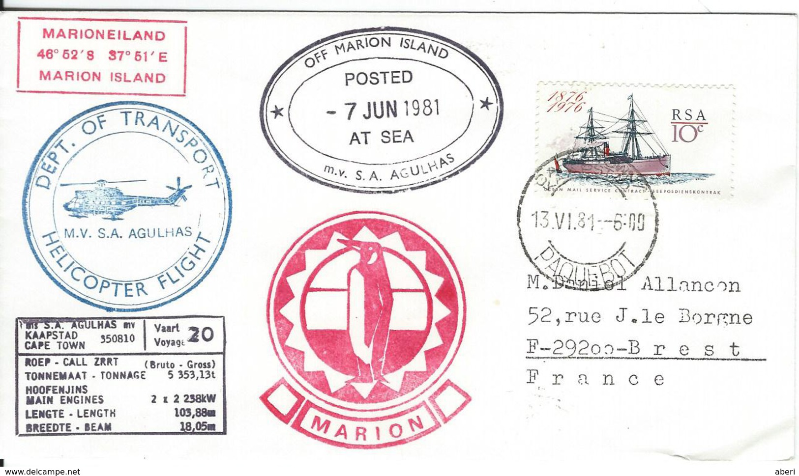 12449 MS SA AGULHAS  à L'ÎLE MARION - CAP TOWN PAQUEBOT 1981 - HELICOPTER - Navi Polari E Rompighiaccio