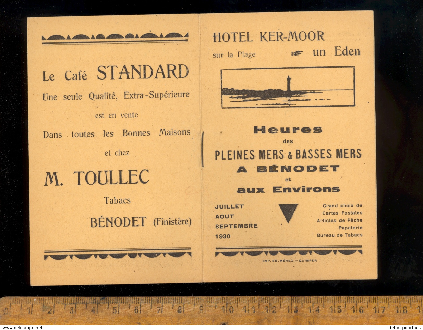 Horaires Des Marées  : Horaire Heures Des Pleines Et Basses Mers à BENODET Finistère Et Environs été 1930 - Europa