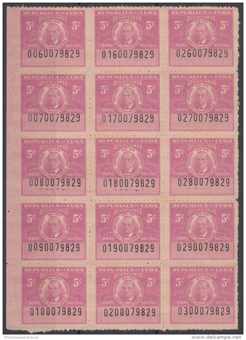 REP-138 CUBA REPUBLICA 1954. REVENUE. TIMBRE NACIONAL. 5c PEDRO FIGEREDO. BLOCK 15. UNUSED. - Postage Due