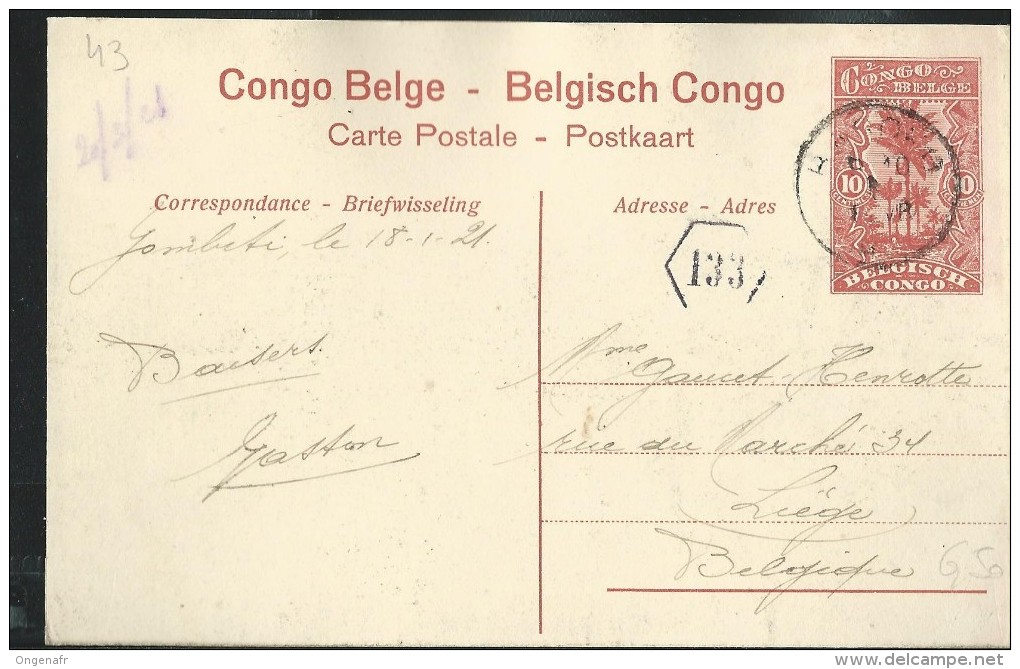 Carte N° 43. Vue: 69. Albertville (Katanga)   Obl: Basako 01/02/1921  Pour Liège - Enteros Postales