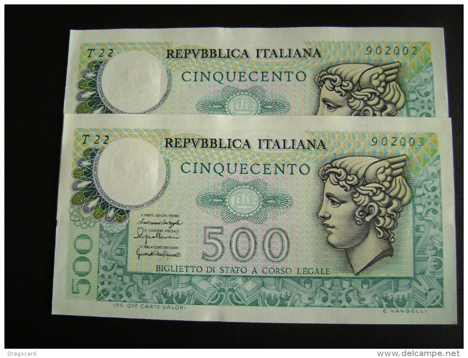 Lotto 2 Banconote Serie Consecutive  500 LIRE MERCURIO 1976 FDS - 500 Lire