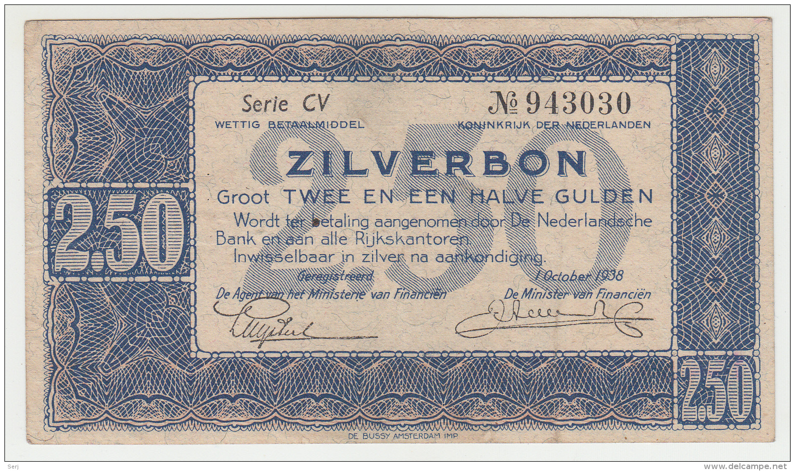 Netherlands 2.5 Gulden 1938 Zilverbon VF+ CRISP Banknote Pick 62 - 2 1/2 Florín Holandés (gulden)