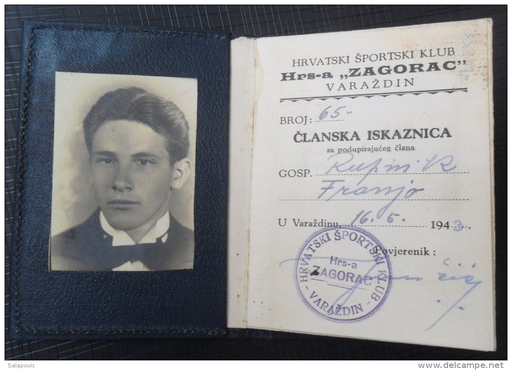 HRVATSKI SPORTSKI KLUB ZAGORAC, VARAZDIN, 1943, NDH  FRANJO RUPNIK, IDENTITY CARD   RRARE - Sonstige & Ohne Zuordnung