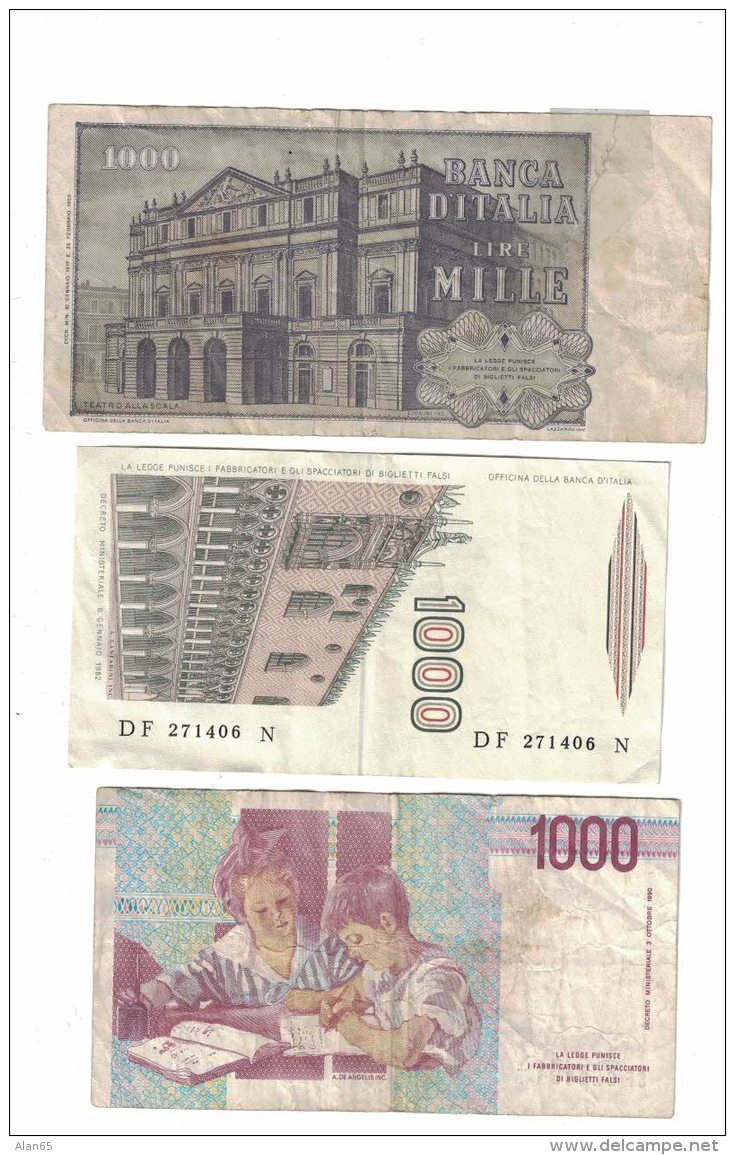 Italy Lot Of 3 1000 Lire Banknotes Currency, #101e 1977, #109b 1982, #114c C1990 Issues - Collections