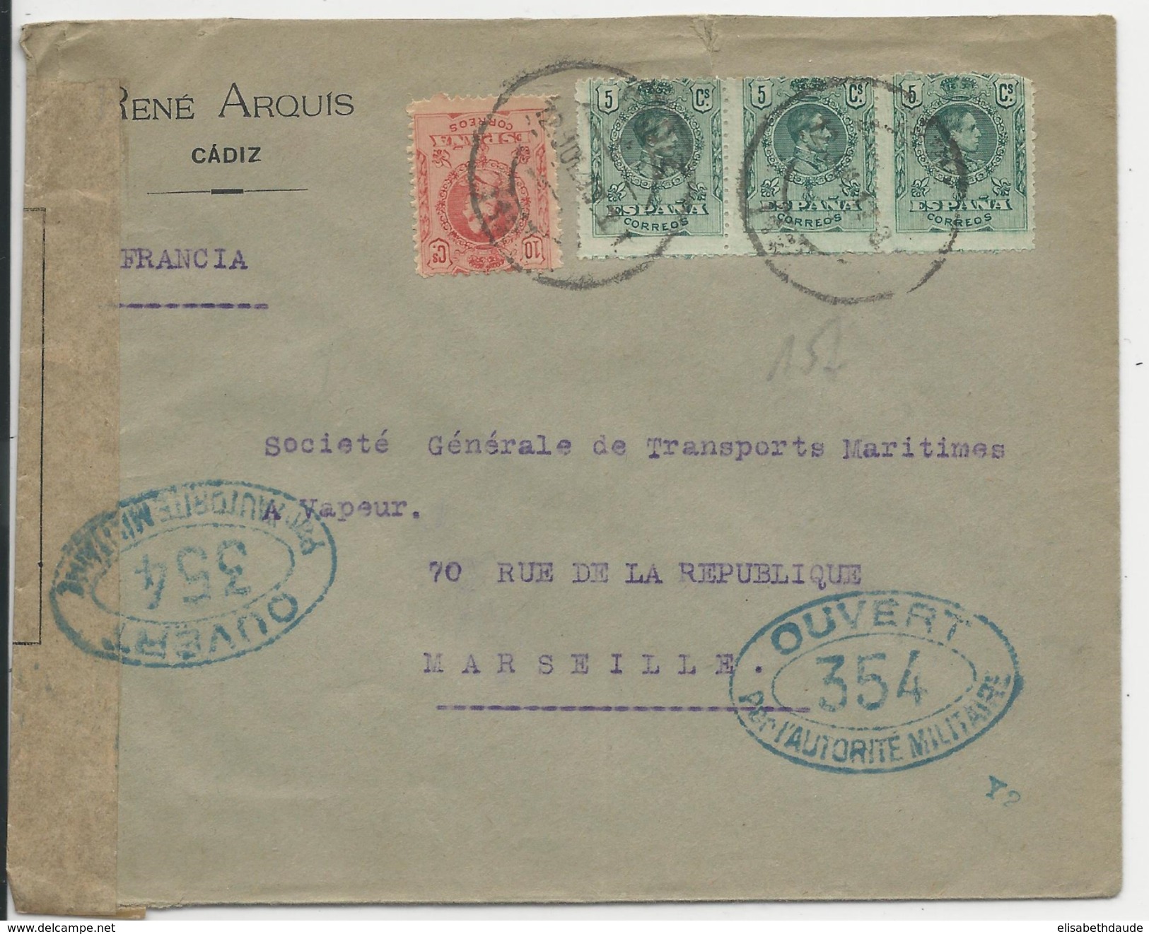 ESPAGNE - 1917 - ENVELOPPE De CADIZ Avec CENSURE FRANCAISE Pour MARSEILLE - Lettres & Documents