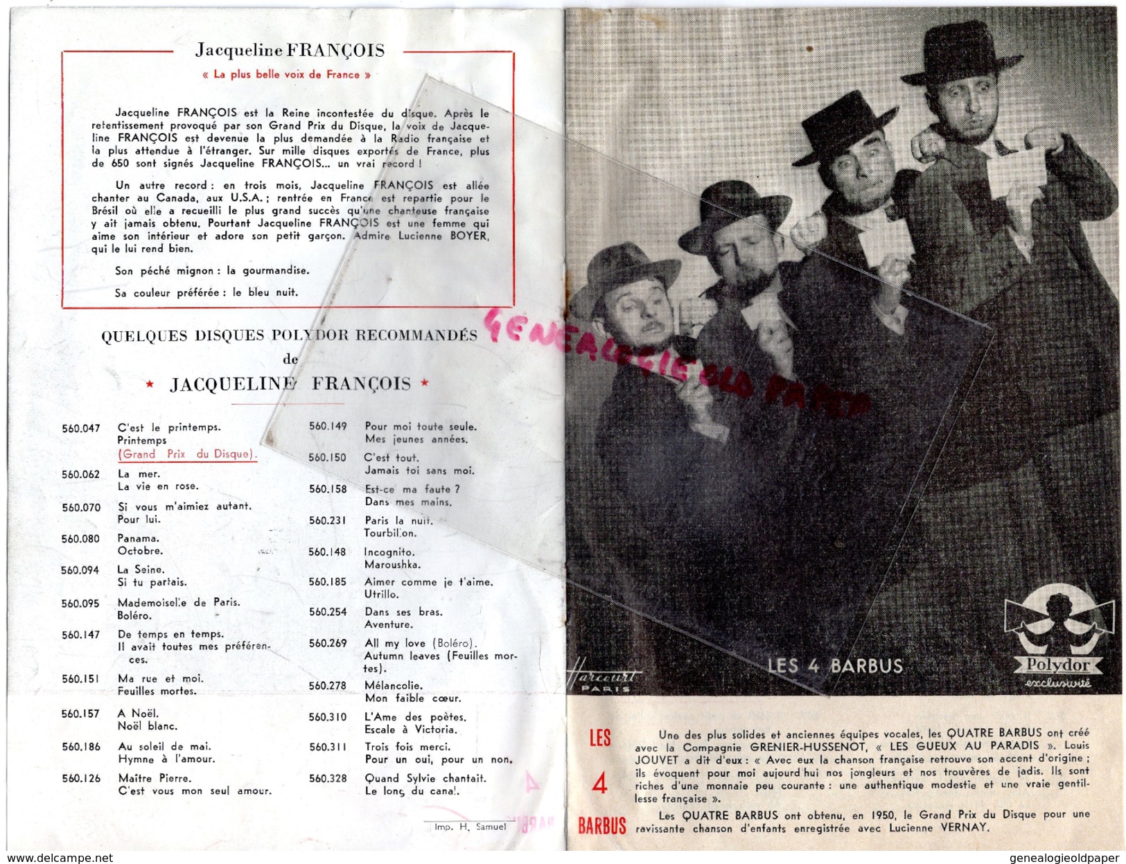 PROGRAMME CANETTI-2E FESTIVAL VEDETTES DISQUE 1951-DARY COWL-MICHEL LEGRAND-ROBERT LAMOUREUX-LES 4 BARBUS-FRANCOIS - Programme