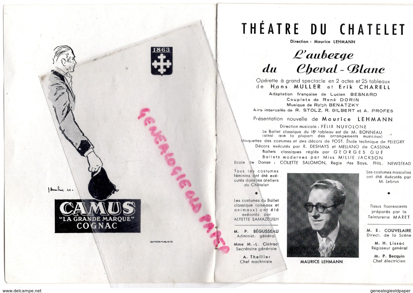 PROGRAMME THEATRE DU CHATELET-AUBERGE CHEVAL BLANC-MAURICE LEHMANN-LUC BARNEY-MARCEL CARPENTIER-YVONNE DARRIES-DELILLE - Programma's