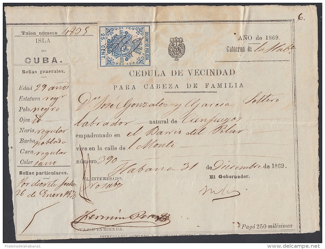 POL-45 CUBA SPAIN ESPAÑA (LG-1060) 1869. 25c. CEDULA DE VECINDAD CIENFUEGOS. REVENUE POLICE. - Postage Due