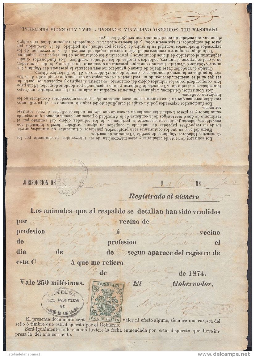 POL-41 CUBA SPAIN ESPAÑA (LG-1051) 1874. 62c. LICENCIA DE VENTA DE ANIMALES. REVENUE POLICE. - Postage Due