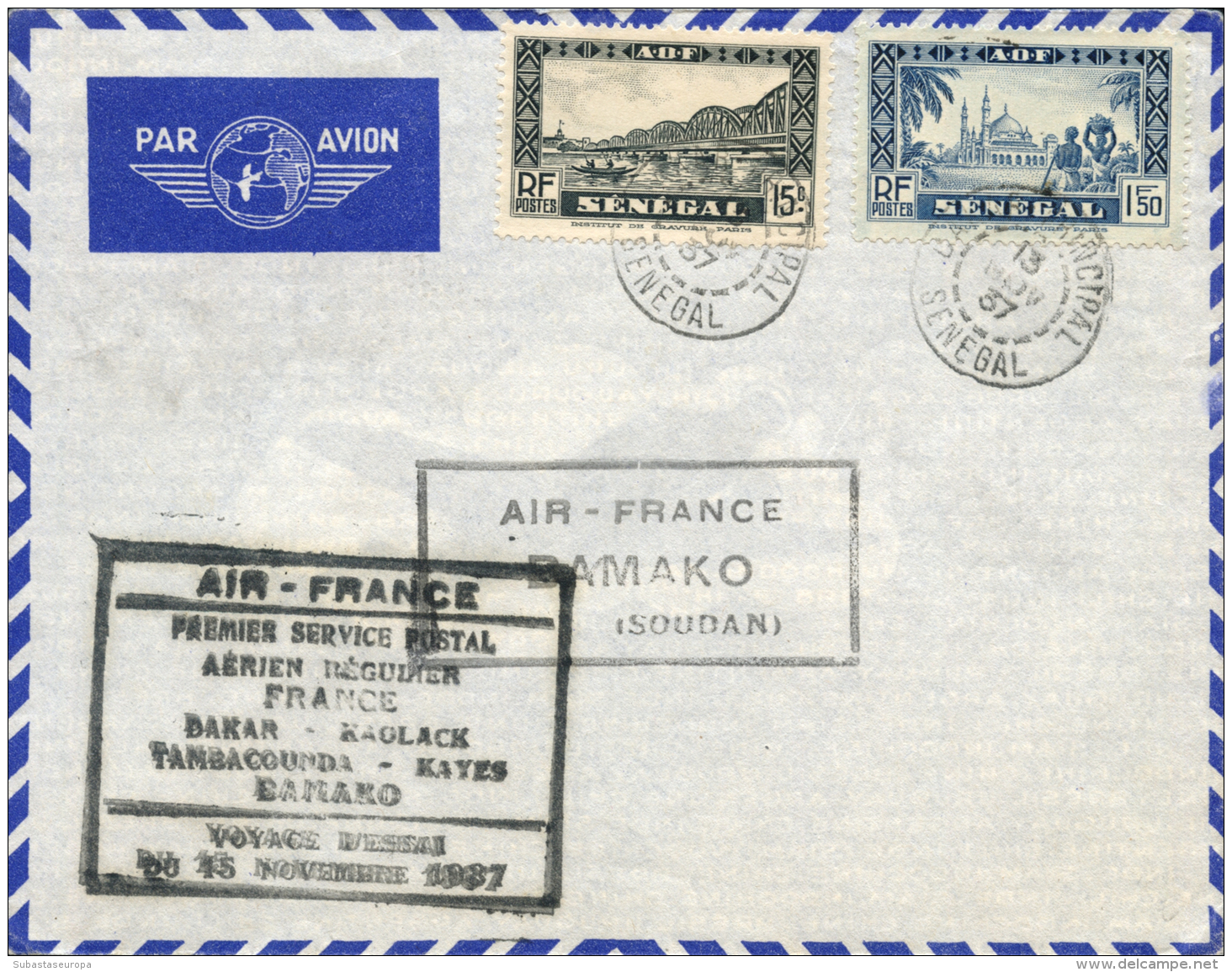 SENEGAL. Carta Circulada Primer Vuelo Dakar - Bamako En Sudán. A&ntilde;o 1937. Cat. Muller 49. Peso= 15... - Andere & Zonder Classificatie