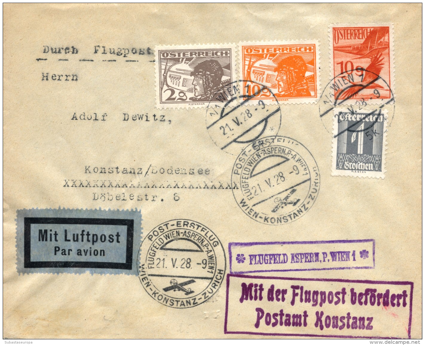 AUSTRIA. Carta Circulada Por Primer Vuelo Viena-Constance - Zurich. A&ntilde;o 1928. Cat. Muller 145. Peso= 15... - Andere & Zonder Classificatie