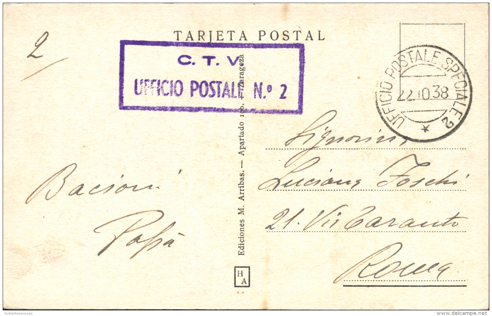 1938. Tarjeta Posta De Córdoba A  Roma. Marca De Franquicia "UFFICCIO POSTALE N&ordm; 2". Muy Rara. Peso= 15... - Brieven En Documenten