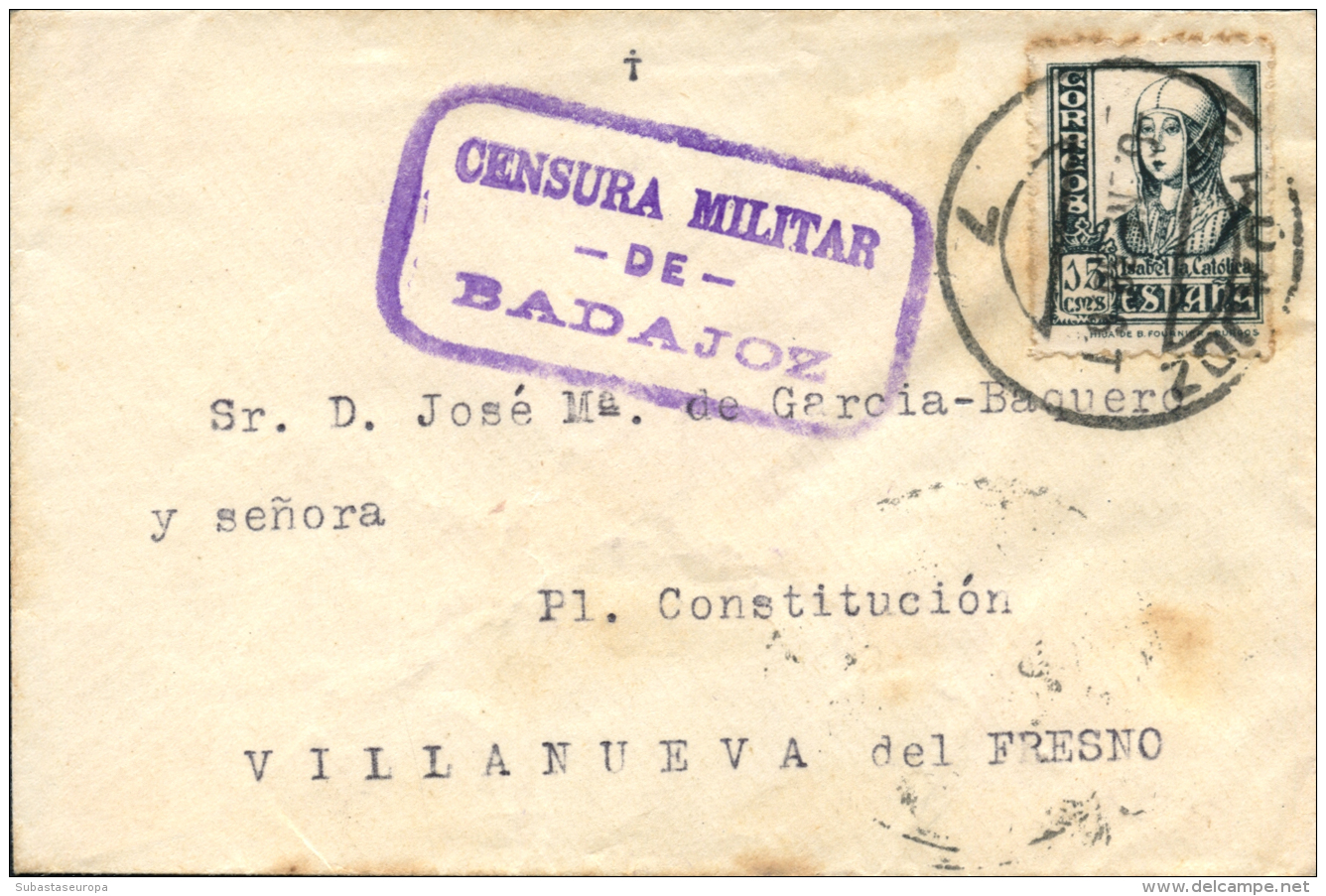Carta Circulada De Badajoz A Villanueva Del Fresno, El 6/1/38. Marca De Censura. Al Dorso Sello Del Obispado De... - Covers & Documents
