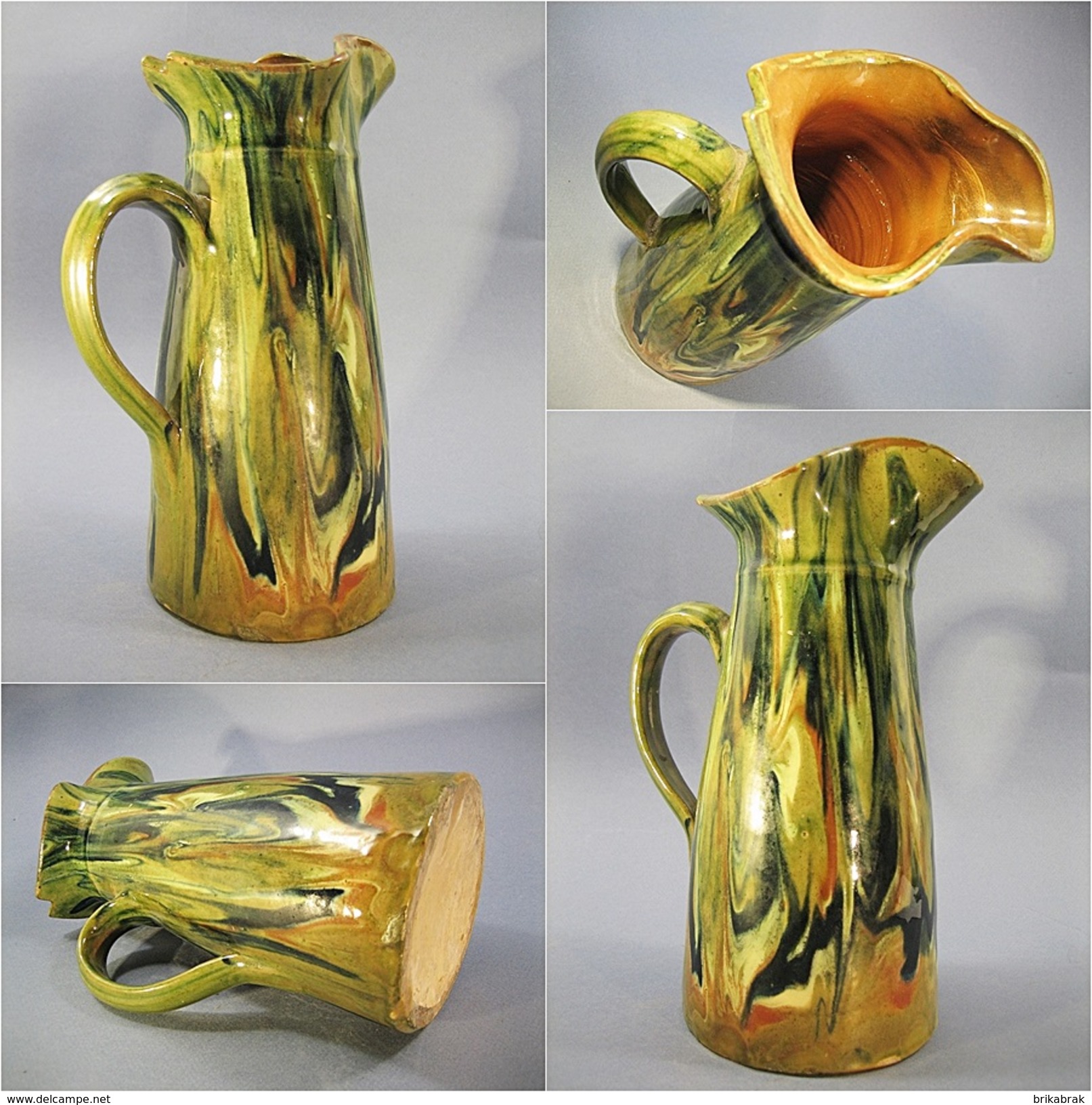 ° PICHET VERT EN TERRE CUITE VERNISSEE @ Art Populaire Broc Cruche Carafe - Carafes