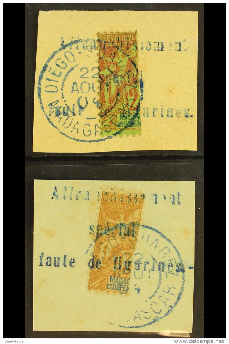 MADAGASCAR 1904 20c &amp; 30c Tablets Bisected And With Large Blue "Affrenchissement / Special / Faute De... - Autres & Non Classés