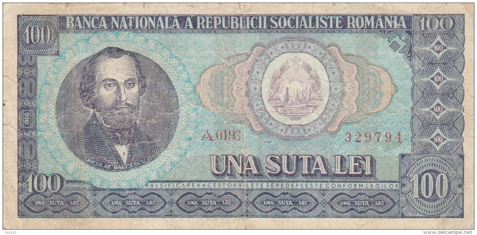 100 LEI, NICOLAE BALCESCU, SOCIALIST REPUBLIC OF ROMANIA,1966,ROMANIA. - Romania