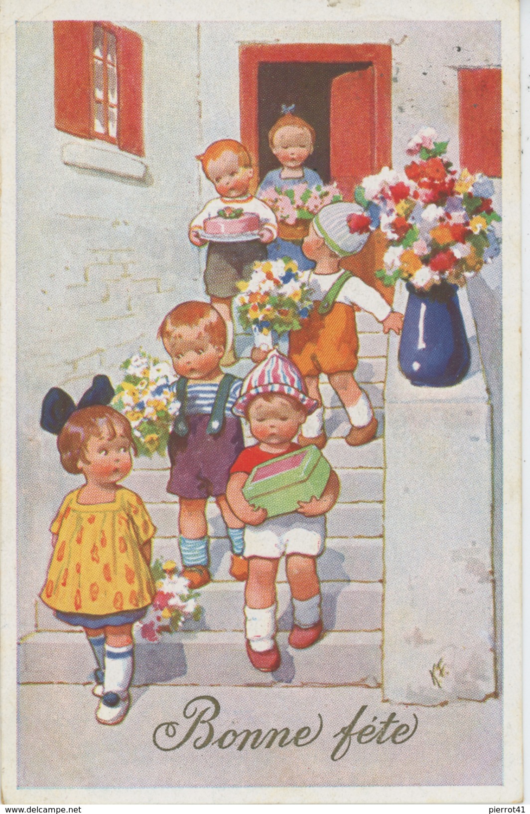 ENFANTS - LITTLE GIRL - MAEDCHEN  - Jolie Carte Fantaisie Viennoise Enfants Avec Fleurs "Bonne Fête " - Signée FEIERTAG - Feiertag, Karl