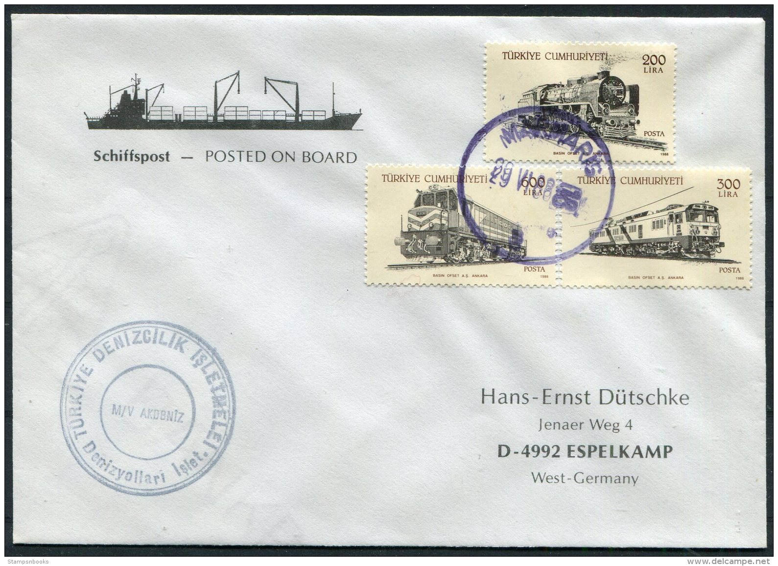 1990 Turkey Ship Trains Cover. M/V AKDBNIZ - Briefe U. Dokumente