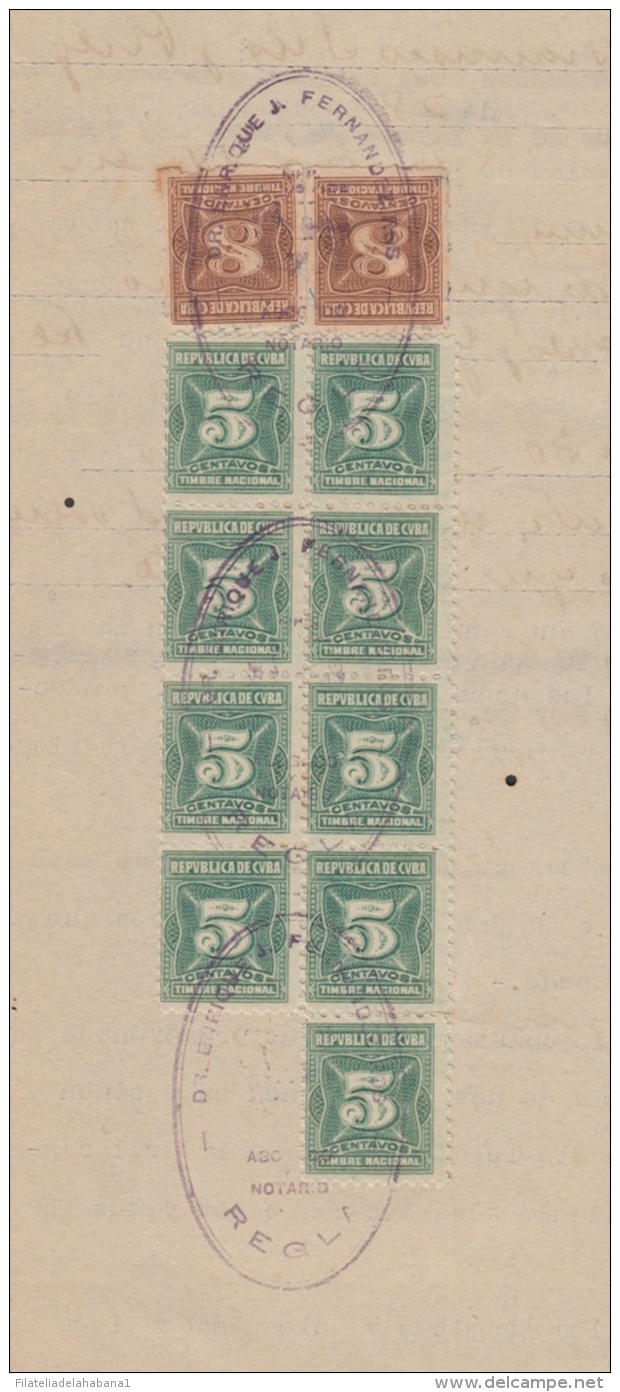 REP-168 CUBA REPUBLICA REVENUE (LG-1154) 5c (9) GREY GREEN + 8c (2) TIMBRE NACIONAL 1932 PERF COMPLETE DOC DATED 1936. - Postage Due