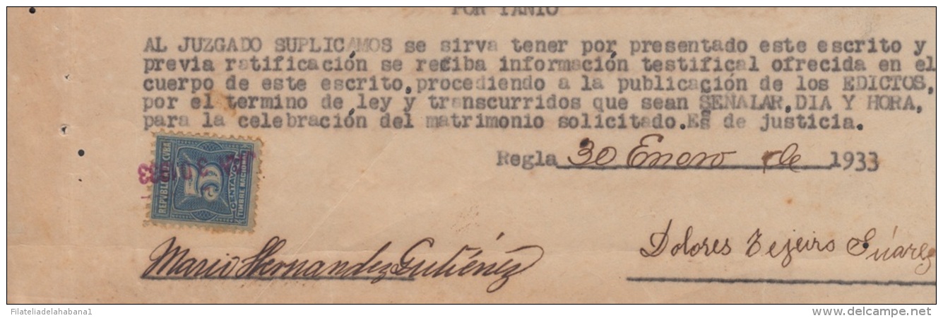 REP-172 CUBA REPUBLICA REVENUE (LG-1157) 5c DARK BLUE TIMBRE NACIONAL 1919 PERF COMPLETE DOC DATED 1933. - Postage Due