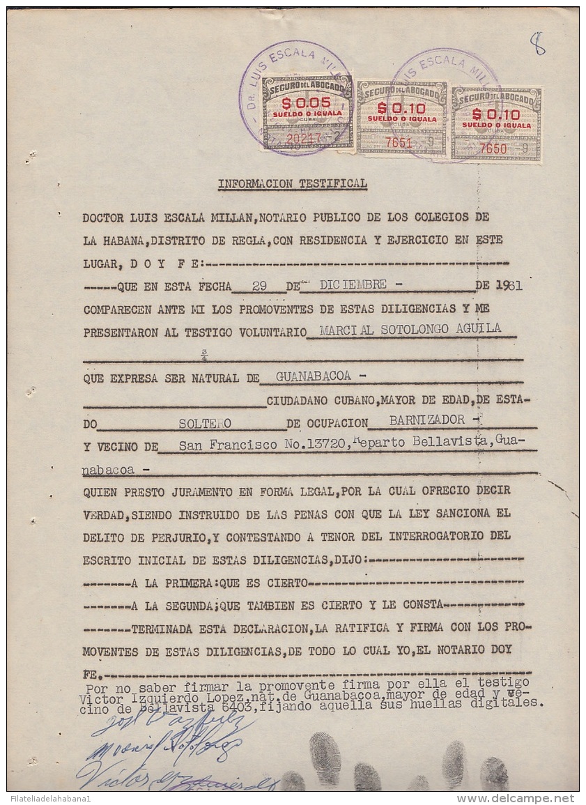 REP-184 CUBA REPUBLICA REVENUE (LG-1088) 5c + 10c SEGUROS DE ABOGADOS 1955 COMPLETE DOC DATED 1961. FIRMA HUELLAS DACTIL - Portomarken