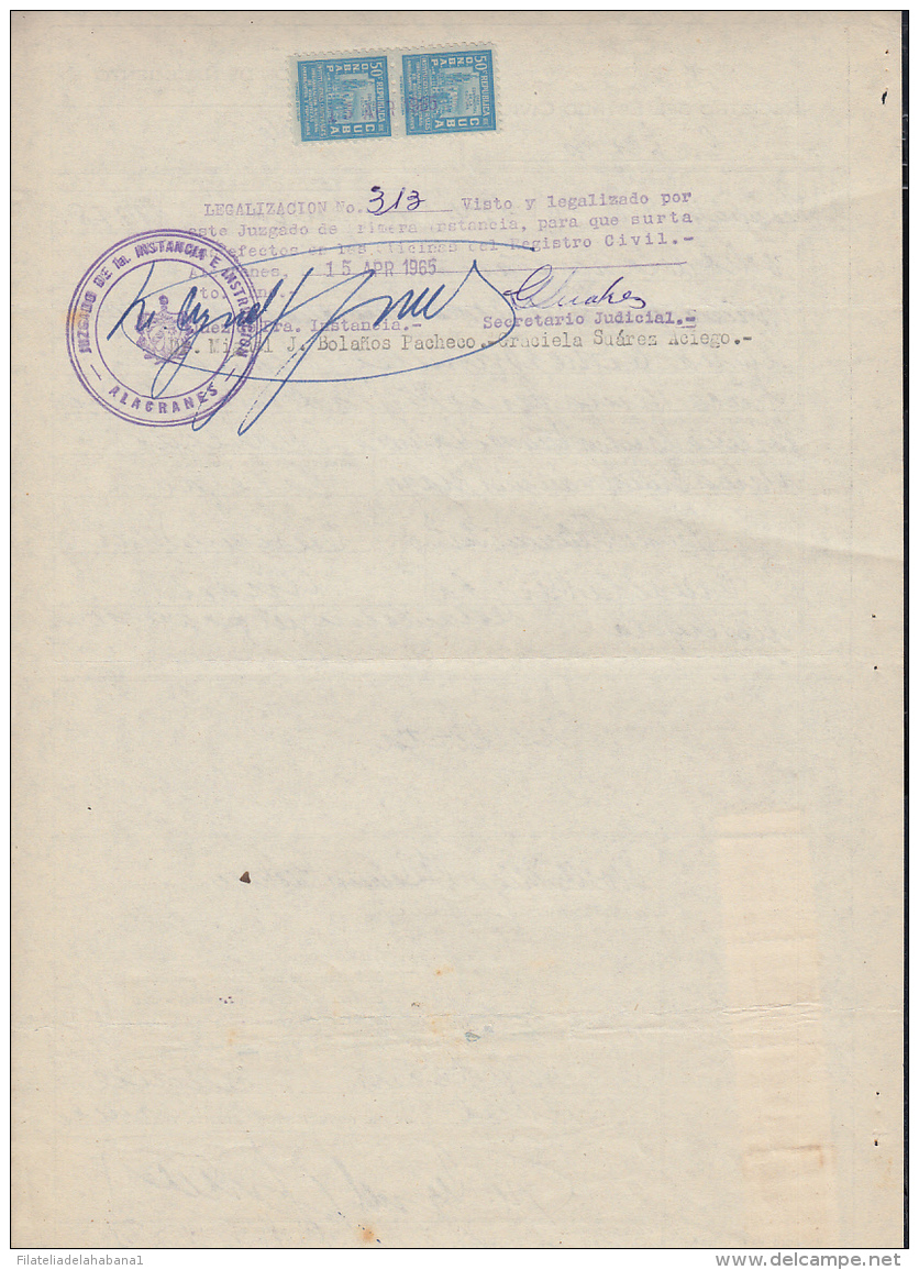 REP-200 CUBA REPUBLICA REVENUE (LG-1104) 50c (4) BIBLIOTECAS AMBULANTES 1956 COMPLETE DOC DATED 1965. - Strafport