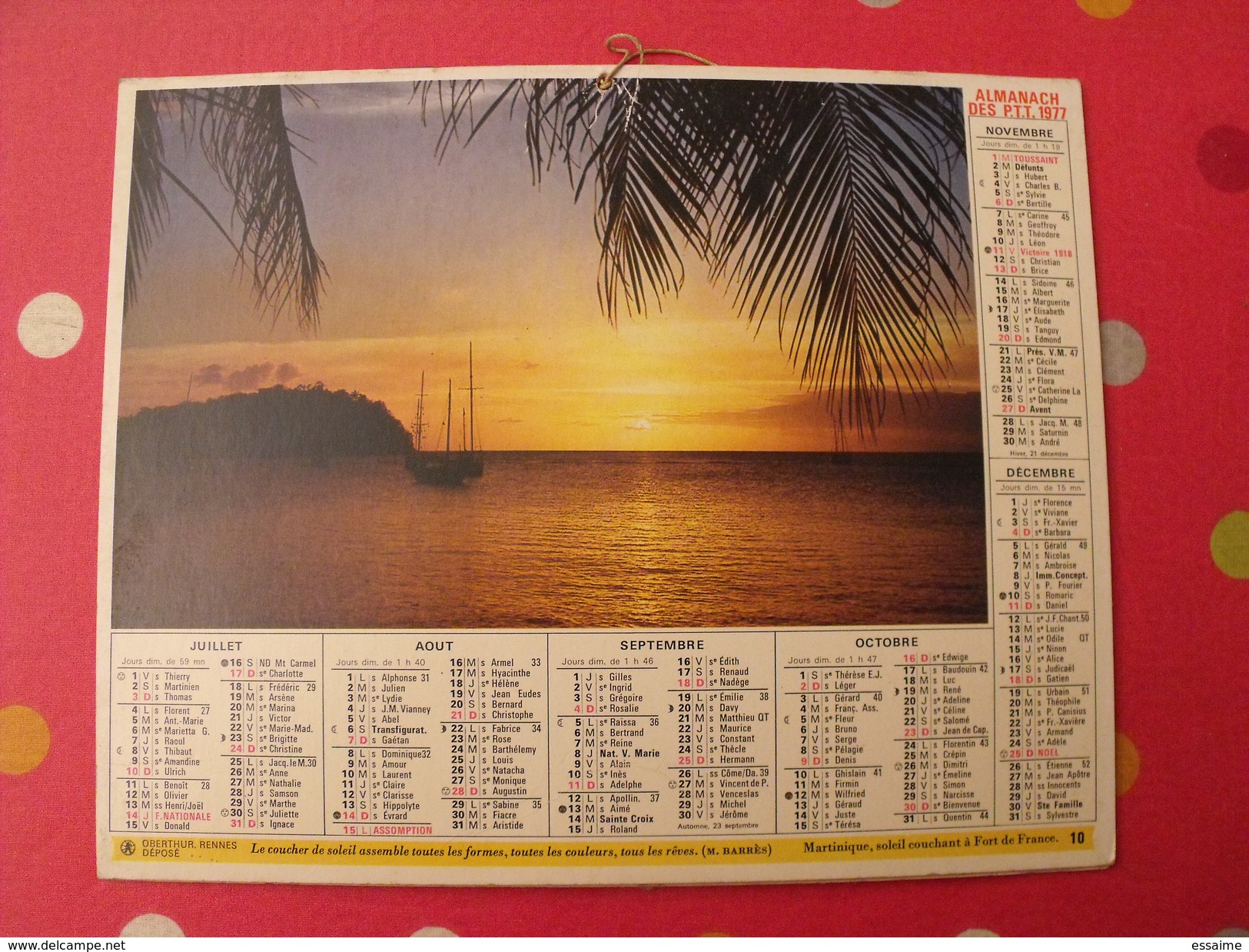 Calendrier Illustré En Carton De 1977. Almanach Des PTT Postes Facteur. Obetrhur. Plage Mer - Groot Formaat: 1971-80