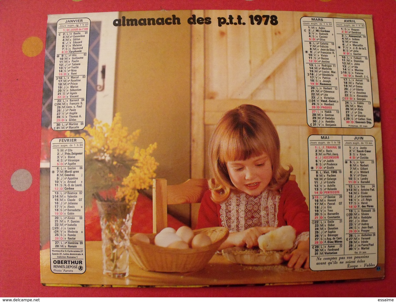 Calendrier Illustré En Carton De 1978. Almanach Des PTT Postes Facteur. Poussin Lapin Enfant - Groot Formaat: 1971-80