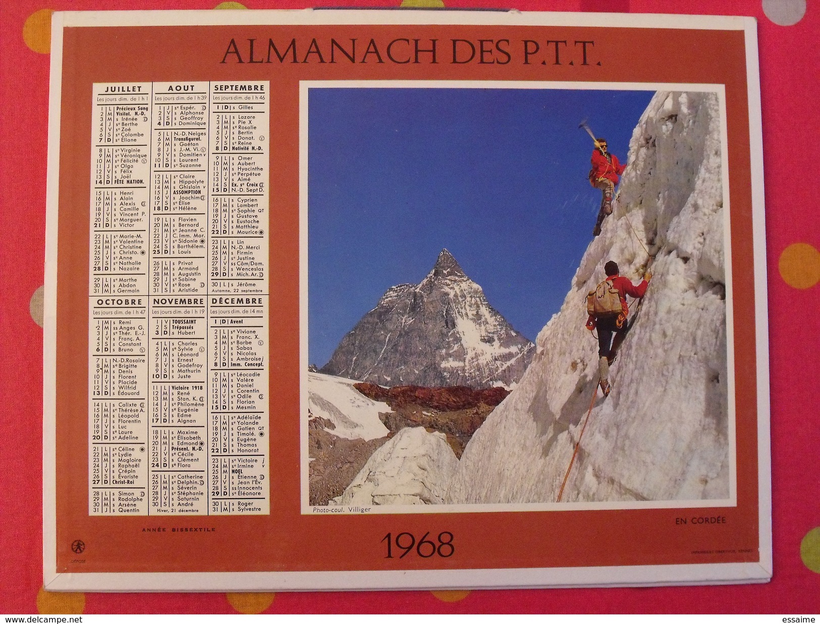 Calendrier Illustré En Carton De 1968. Almanach Des PTT Postes Facteur. Vogué, Montagne Cordée - Formato Grande : 1961-70