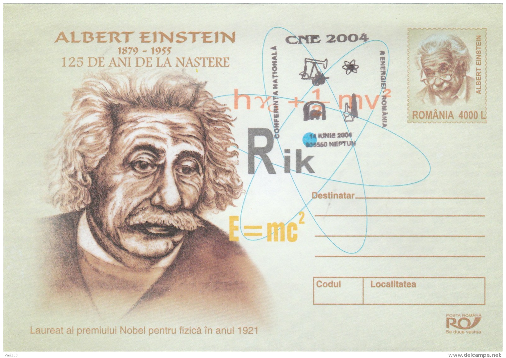 #BV6523  ALBERT EINSTEIN,SCIENCE, COVER STATIONERY , OBLITERATION CONCORDATE,2004,ROMANIA. - Albert Einstein