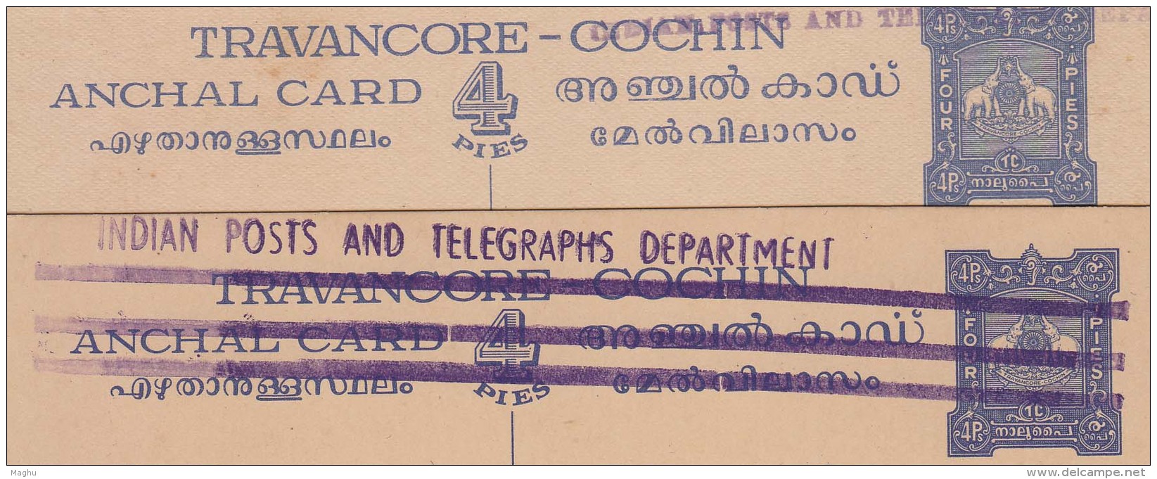 2 Diff., Varities Of Voilet Markings, Shade Vrities,  Unused Travancore Cochin Postcard Elephant, Coneshell, Brit. India - Travancore-Cochin