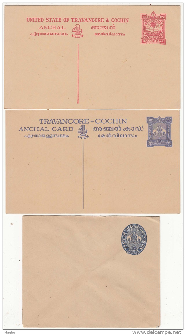 Travancore Cochin, 3 Diff., Unused Postal Stationery, Postcard &amp; Envelope, Motif Coconut Tree &amp; Elephant, Br Ind - Travancore-Cochin