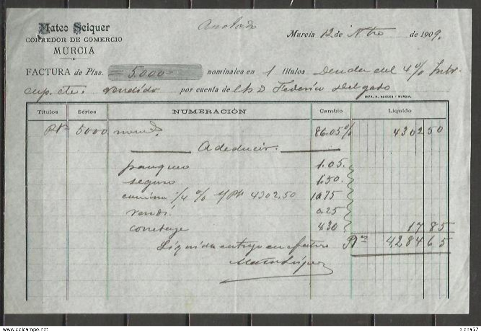 Q5043-DOCUMENTO MURCIA AÑO 1909 MATEO SEIQUER CORREDOR DE COMERCIO FEDERICO DELGADO CEHEGIN,DOCUMENTO MERCANTIL.PERFECTO - Espagne