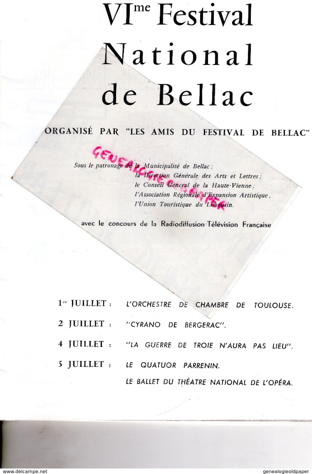 87 - BELLAC - PROGRAMME 6E FESTIVAL 1950- ANDRE CLUZEAU-HAVILAND-TOULOUSE-CYRANO BERGERAC-GUERRE TROIE-TALLCHIEF-SKIBINE - Programma's