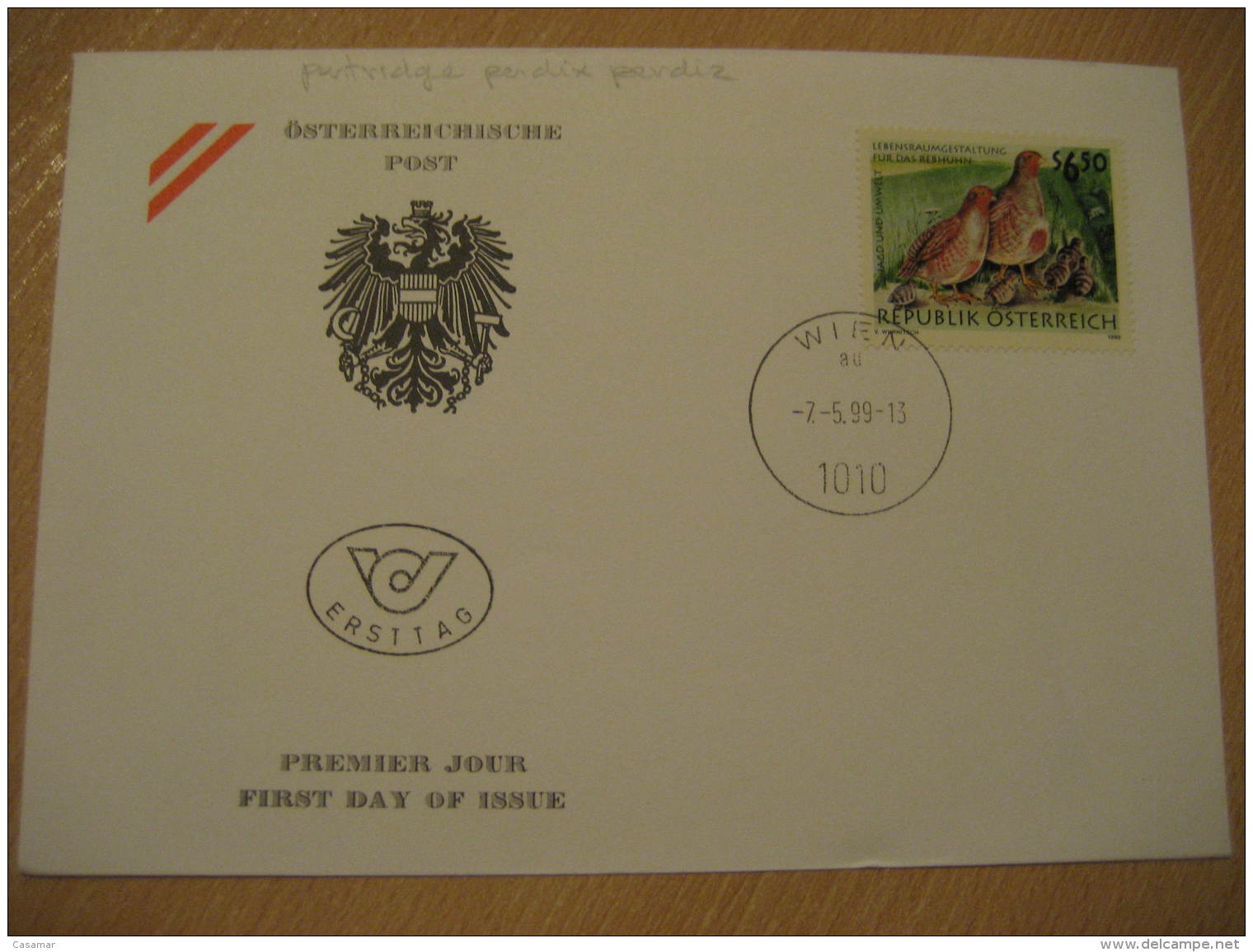 GREY PARTRIDGE PERDIX PERDIZ Wien 1999 FDC Cancel Cover Austria - Patrijzen, Kwartels