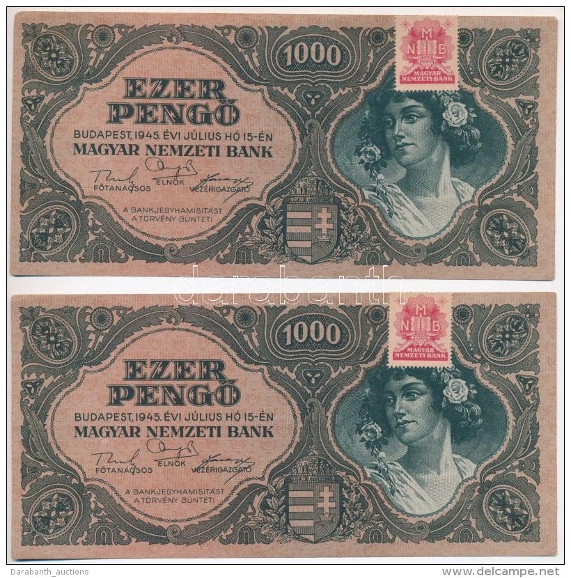 1945. 1000P 'MNB' B&eacute;lyeggel, 'F 555' (2x) Sorsz&aacute;mk&ouml;vetÅ‘k T:I - Non Classés