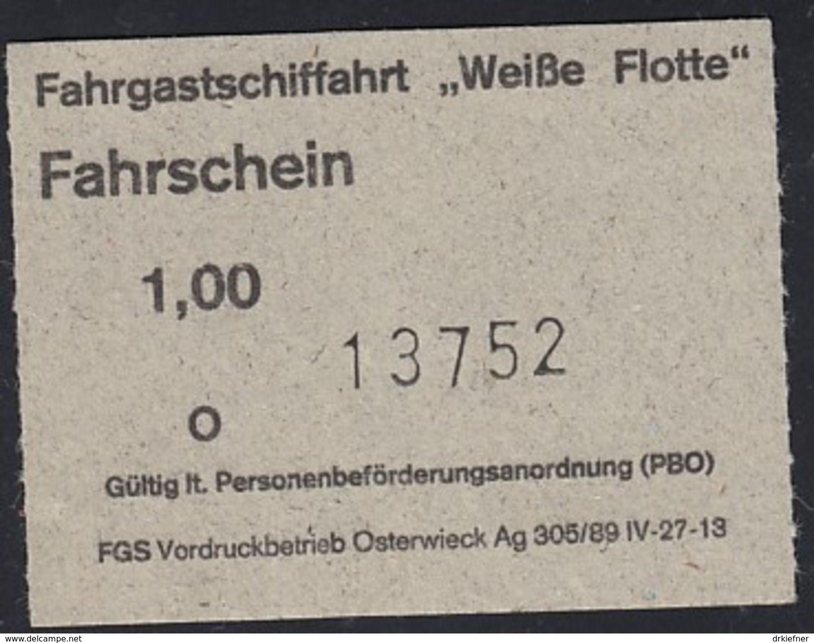 Fahrgastschifffahrt "Weiße Flotte" Stralsund, Fahrschein, Billett, Ticket, 1,00 DM, Ow 1992 - Europe