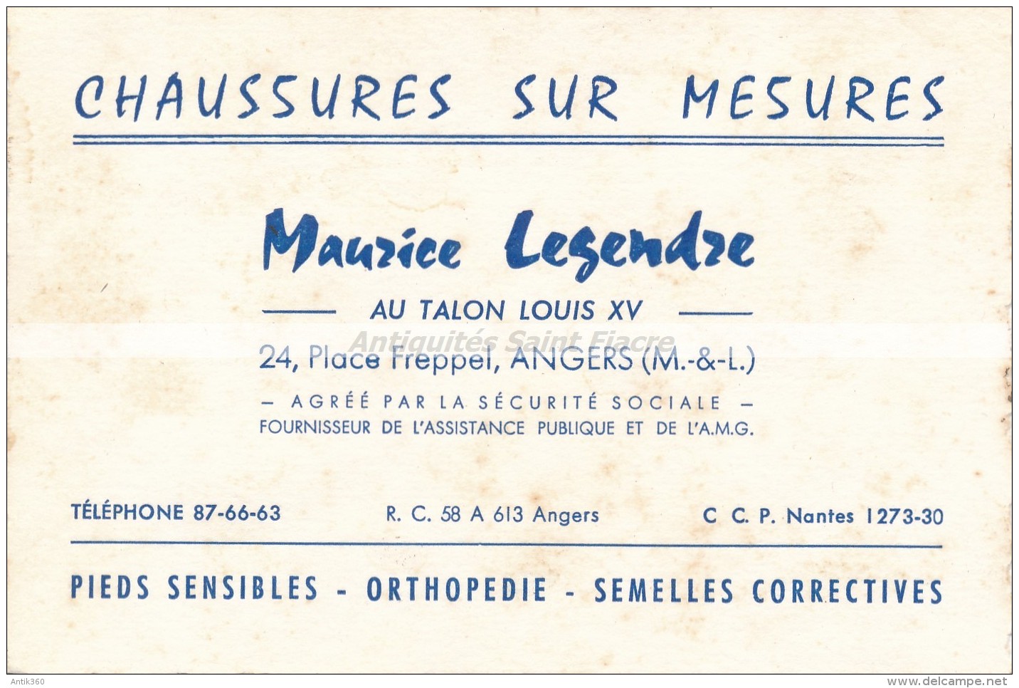 Ancienne Carte De Visite Chaussures Sur Mesures Maurice LEGENDRE Angers Orthopédie - Cartes De Visite