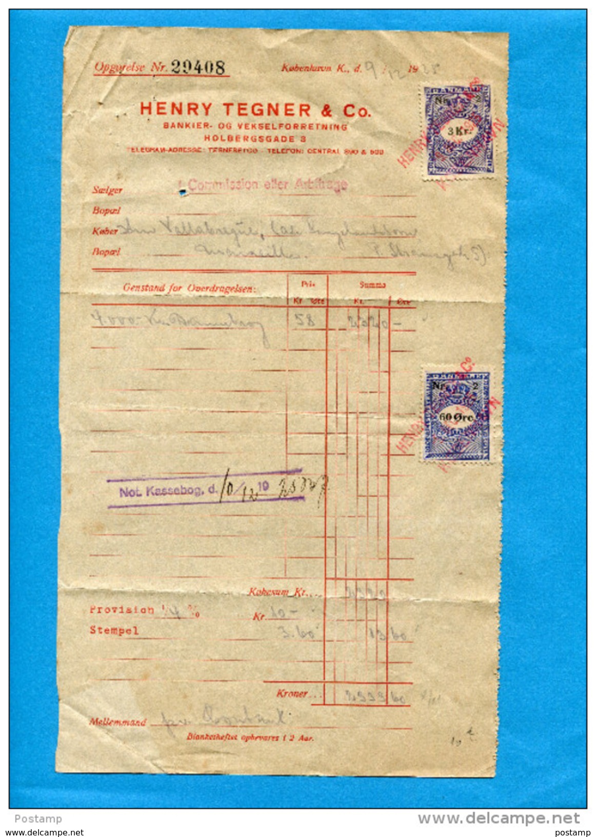 MARCOPHILIE-2 Timbres Fiscaux 3kr -sur Document De Banque 1925-"HENRY TEGNER &CO - Fiscaux