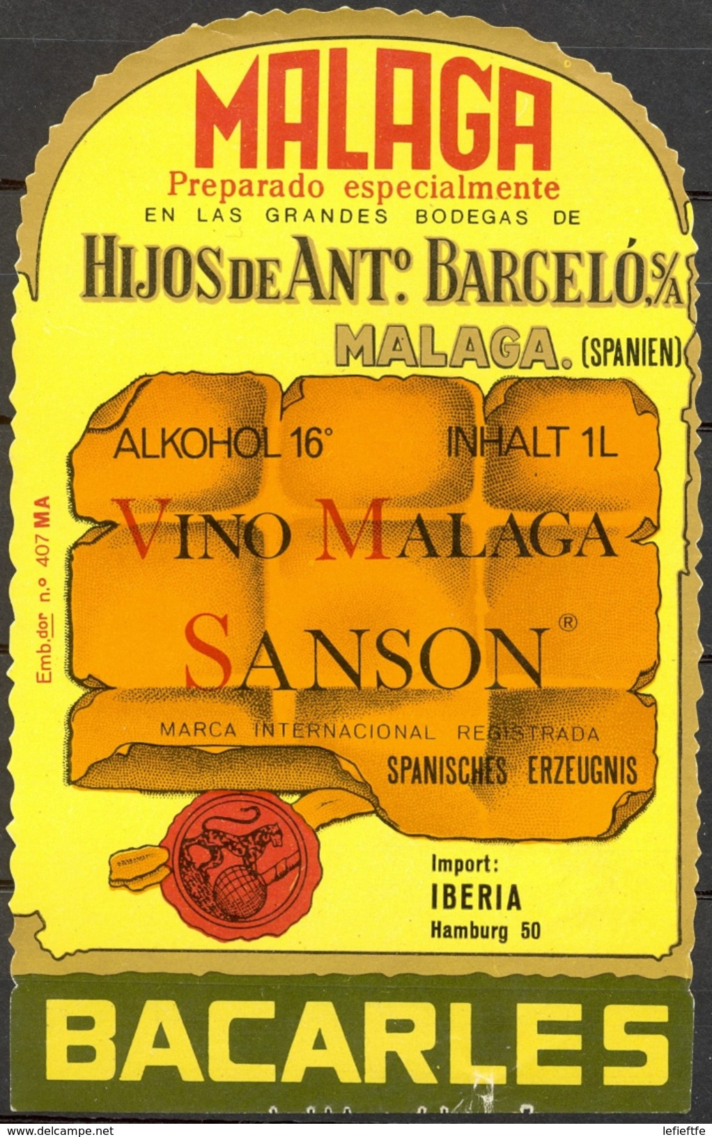 539 - Espagne - Vino Malaga - Sanson - Hijos De Antº Barcelo S/A - Bacarles - Rouges