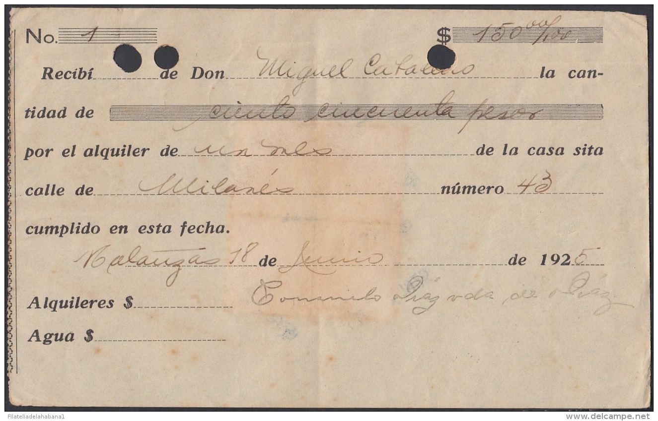 REP-245 CUBA REPUBLICA REVENUE TIMBRE NACIONAL 1925 RECIBO DE ALQUILER DE UNA CASA. - Strafport