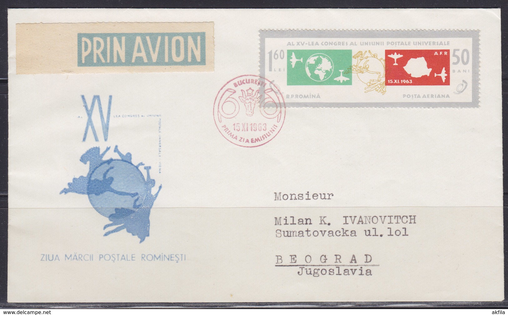 Romania 15.XI.1963 First Day Of Romanian Airmail Stamp, Air Mail Letter - Covers & Documents